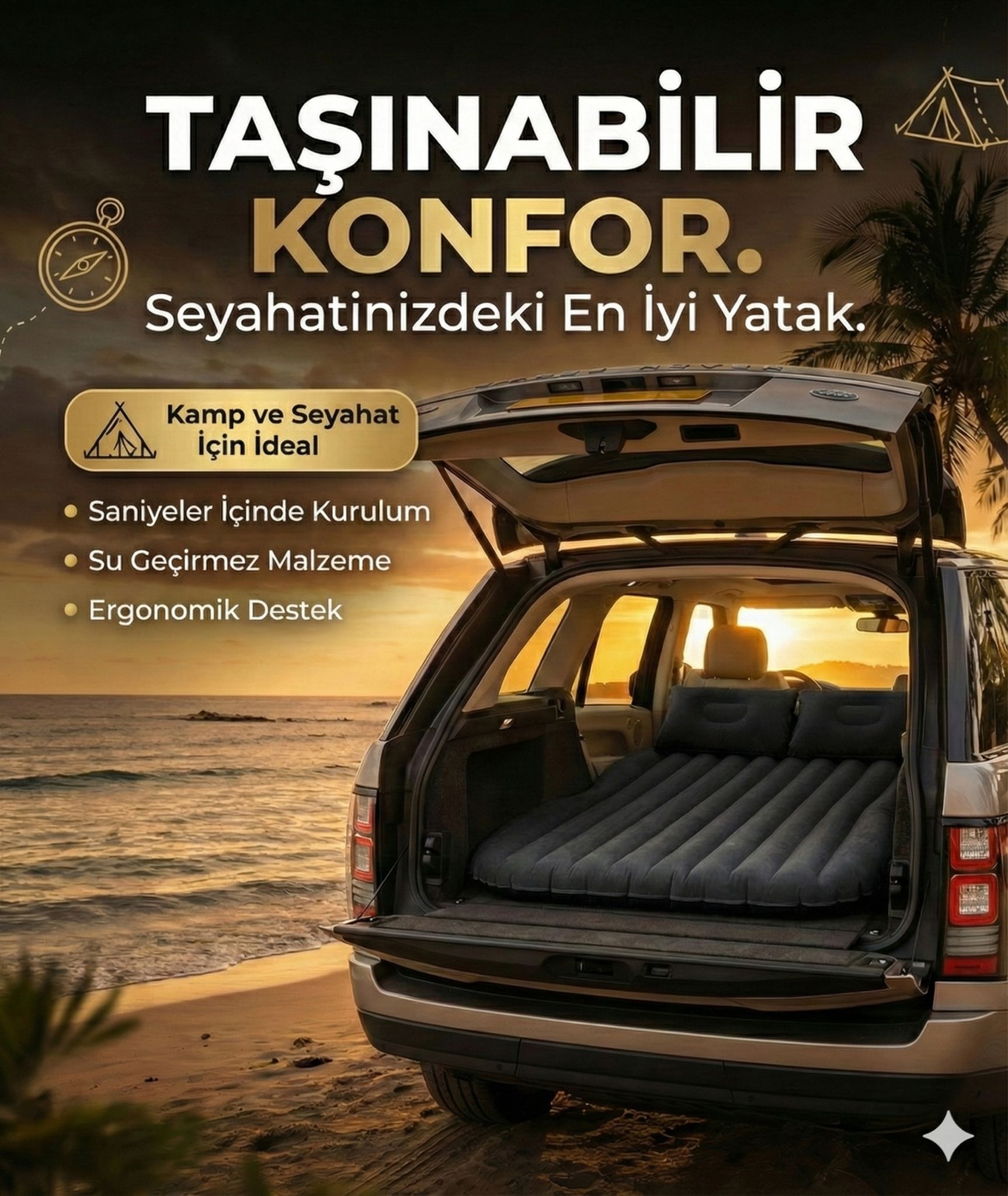 Araç İçi Şişme Yatak Araba Ve Kamp Yatağı Çanta Elektrikli Pompa Tamir Kiti Ve Yastıklı Yatak Seti